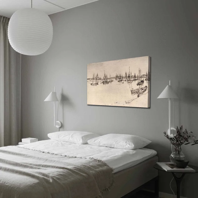 Canvastavla 70x100 cm - Stiliserad vy av en hamn med båtar och mastar i silhuett, Svart / Beige