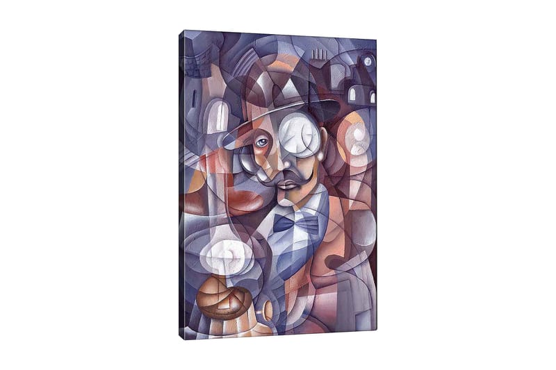 Canvastavla 70x100 cm - Stiliserad porträtt av en man med hatt och monocle, omgiven av abstrakta former och ljuskällor, Mörkblå / Beige / Vinröd