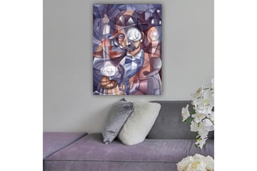 Canvastavla 70x100 cm - Stiliserad porträtt av en man med hatt och monocle, omgiven av abstrakta former och ljuskällor - Mörkblå / Beige / Vinröd - Inredning - Tavlor & posters - Canvastavla