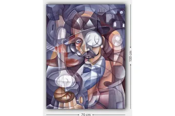 Canvastavla 70x100 cm - Stiliserad porträtt av en man med hatt och monocle, omgiven av abstrakta former och ljuskällor - Mörkblå / Beige / Vinröd - Inredning - Tavlor & posters - Canvastavla