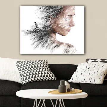 Canvastavla 70x100 cm - Stiliserad porträtt av en kvinna med träd och fåglar som en del av hennes silhuett - Svart / Grå / Brun - Inredning - Tavlor & posters - Canvastavla