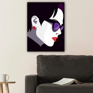 Canvastavla 70x100 cm - Stiliserad profil av en kvinna med solglasögon och röd läppstift - Svart / Vit / Lila - Inredning - Tavlor & posters - Canvastavla