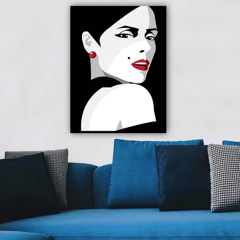 Canvastavla 70x100 cm - Stiliserad porträtt av en kvinna med en dramatisk blick - Röd / Svart / Vit - Inredning - Tavlor & posters - Canvastavla