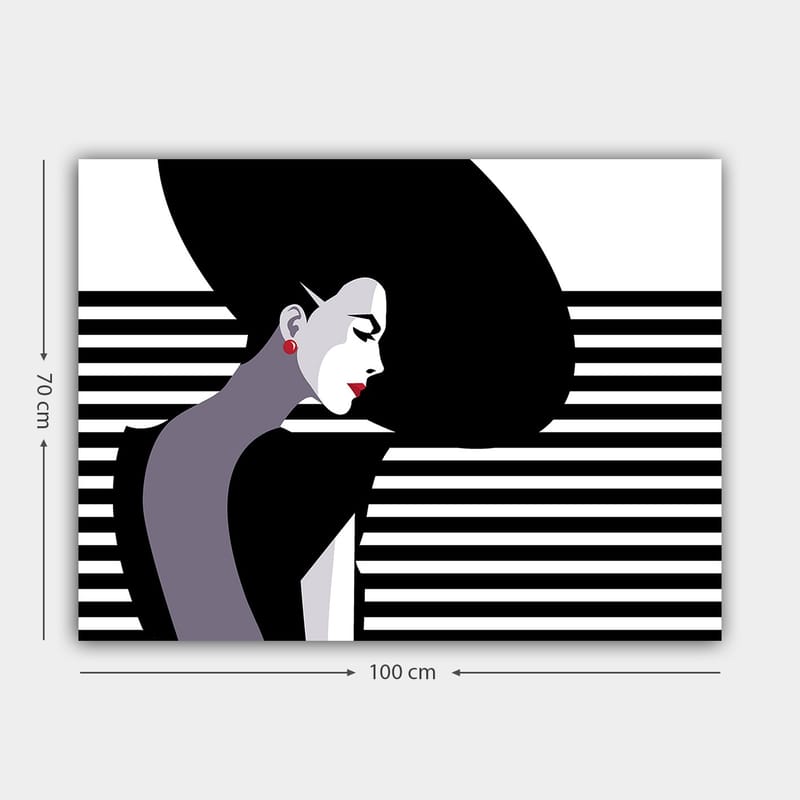 Canvastavla 70x100 cm - Stiliserad profil av en kvinna med ett stort, svart hår och röda örhängen - Svart / Vit / Grå - Inredning - Tavlor & posters - Canvastavla