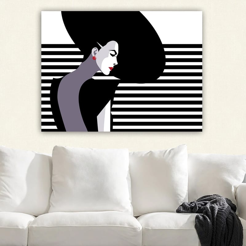 Canvastavla 70x100 cm - Stiliserad profil av en kvinna med ett stort, svart hår och röda örhängen - Svart / Vit / Grå - Inredning - Tavlor & posters - Canvastavla