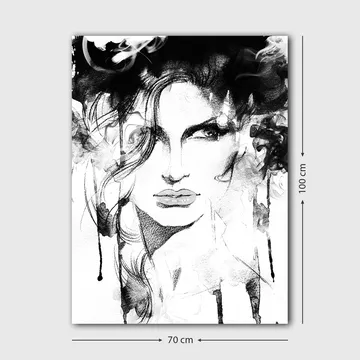 Canvastavla 70x100 cm - Stiliserad porträtt av en kvinna med dramatiska linjer och rökiga inslag - Svart / Vitt / Grått - Inredning - Tavlor & posters - Canvastavla