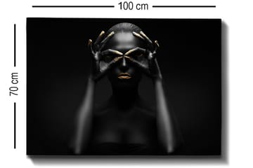 Canvastavla 70x100 cm - Stiliserad porträttbild av en kvinna med svarta händer som formar ett par ögon, med guldiga detaljer på läppar och fingertoppar - Svart / Guld - Inredning - Tavlor & posters - Canvastavla