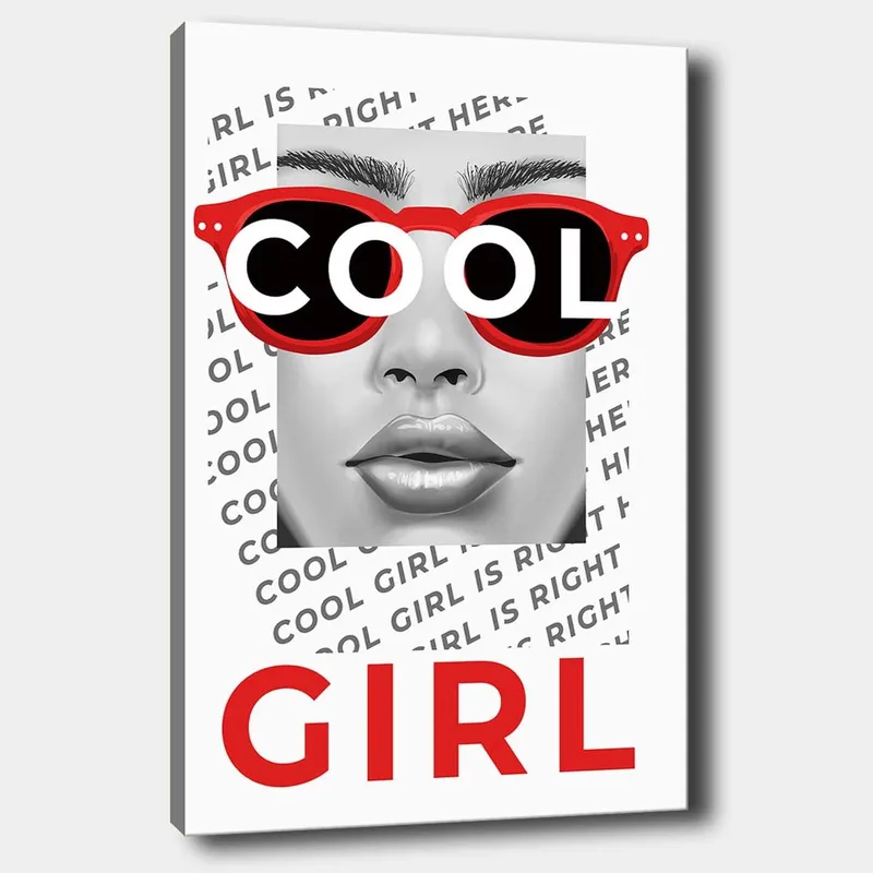 Canvastavla 70x100 cm - Stiliserad porträtt av en kvinna med coola solglasögon, Röd / Svart / Grå