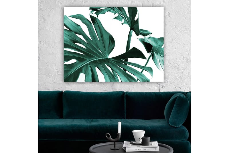 Canvastavla 70x100 cm - Stiliserade gröna palmblad mot en vit bakgrund - Mörkgrön / Turkos - Inredning - Tavlor & posters - Canvastavla