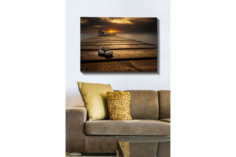 Canvastavla 70x100 cm - Stilla brygga vid solnedgången med stenar i förgrunden - Guld / Brunt / Grått - Inredning - Tavlor & posters - Canvastavla