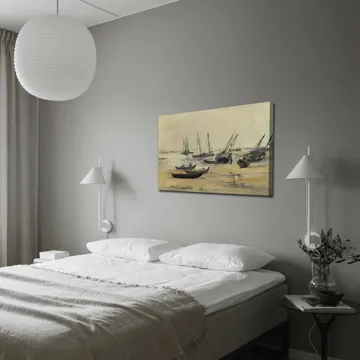 Canvastavla 70x100 cm - Stilla hamnscen med segelbåtar som ligger för ankar i lugna vatten - Grå / Beige / Mörkblå - Inredning - Tavlor & posters - Canvastavla