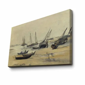 Canvastavla 70x100 cm - Stilla hamnscen med segelbåtar som ligger för ankar i lugna vatten - Grå / Beige / Mörkblå - Inredning - Tavlor & posters - Canvastavla