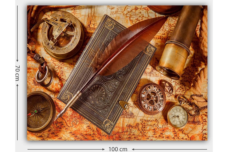 Canvastavla 70x100 cm - Stilla komposition av antika navigationsverktyg och en fjäderpenna på en gammal karta - Mörkbrun / Guld / Orange - Inredning - Tavlor & posters - Canvastavla