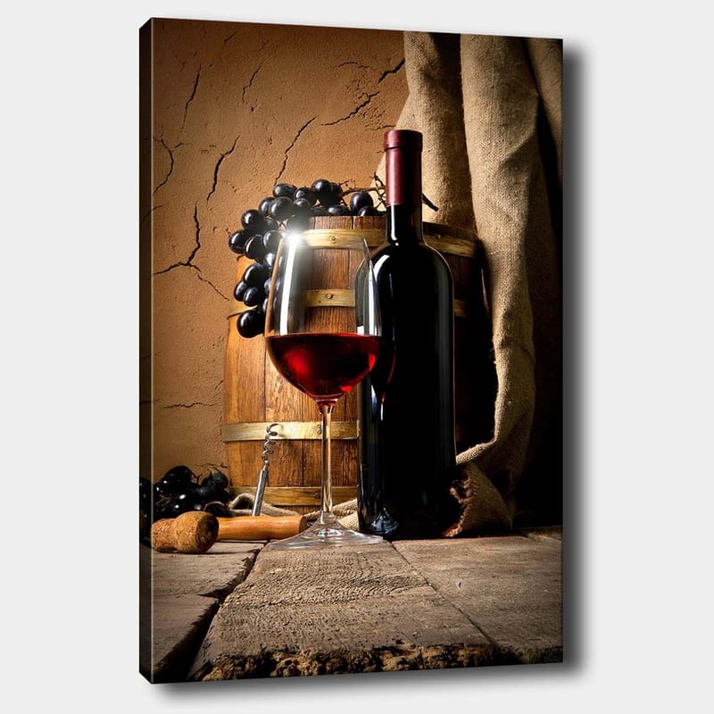 Canvastavla 70x100 cm - Stilla naturtavla med en flaska rödvin, ett vinglas och druvor på en träyta, Mörkröd / Brun / Svart