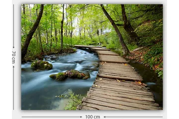 Canvastavla 70x100 cm - Stilla skogsstig som slingrar sig över en porlande bäck omgiven av grönskande träd och växtlighet - Grön / Brun / Blå - Inredning - Tavlor & posters - Canvastavla