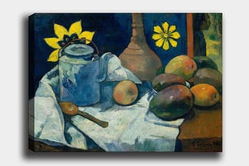 Canvastavla 70x100 cm - Stilleben med en blå kanna, frukter och en gul blomma - Blå / Gul / Grön - Inredning - Tavlor & posters - Canvastavla