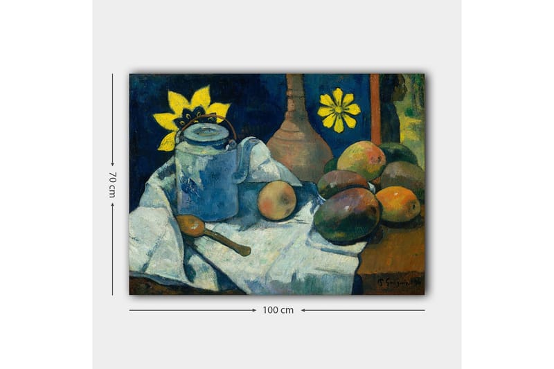 Canvastavla 70x100 cm - Stilleben med en blå kanna, frukter och en gul blomma - Blå / Gul / Grön - Inredning - Tavlor & posters - Canvastavla
