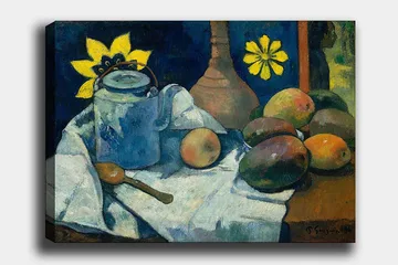 Canvastavla 70x100 cm - Stilleben med en blå kanna, frukter och en gul blomma - Blå / Gul / Grön - Inredning - Tavlor & posters - Canvastavla