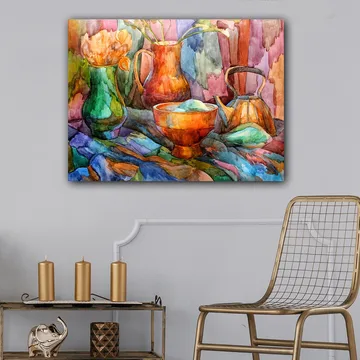 Canvastavla 70x100 cm - Stilleben med färgglada kärl och blommor - Grön / Orange / Blå - Inredning - Tavlor & posters - Canvastavla