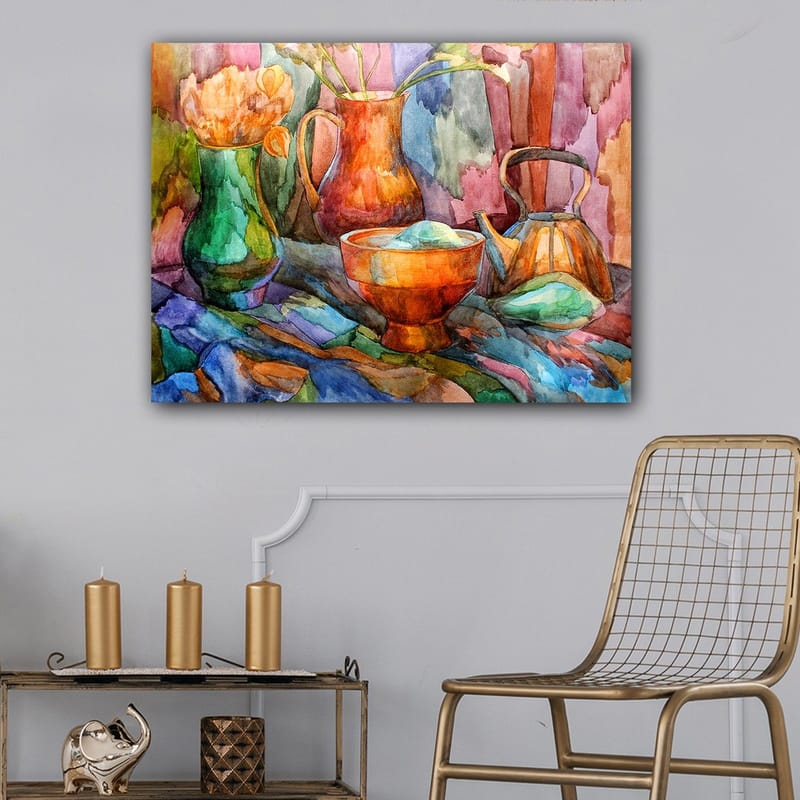 Canvastavla 70x100 cm - Stilleben med färgglada kärl och blommor - Grön / Orange / Blå - Inredning - Tavlor & posters - Canvastavla