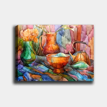 Canvastavla 70x100 cm - Stilleben med färgglada kärl och blommor - Grön / Orange / Blå - Inredning - Tavlor & posters - Canvastavla