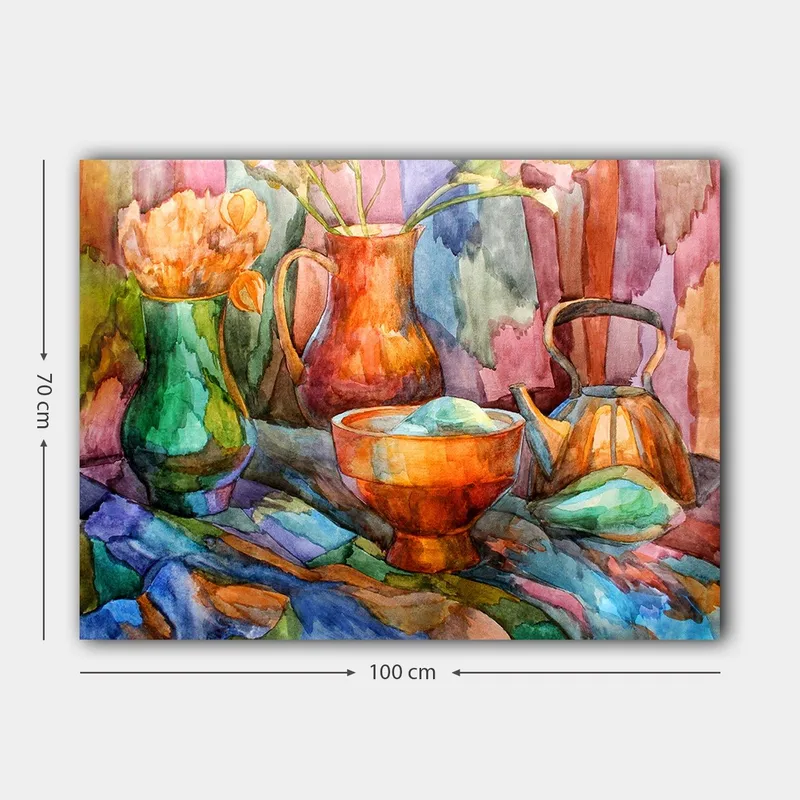 Canvastavla 70x100 cm - Stilleben med färgglada kärl och blommor - Grön / Orange / Blå - Inredning - Tavlor & posters - Canvastavla