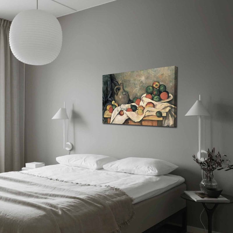 Canvastavla 70x100 cm - Stilleben med frukter och en keramikkanna på ett bord, Grön / Röd / Beige