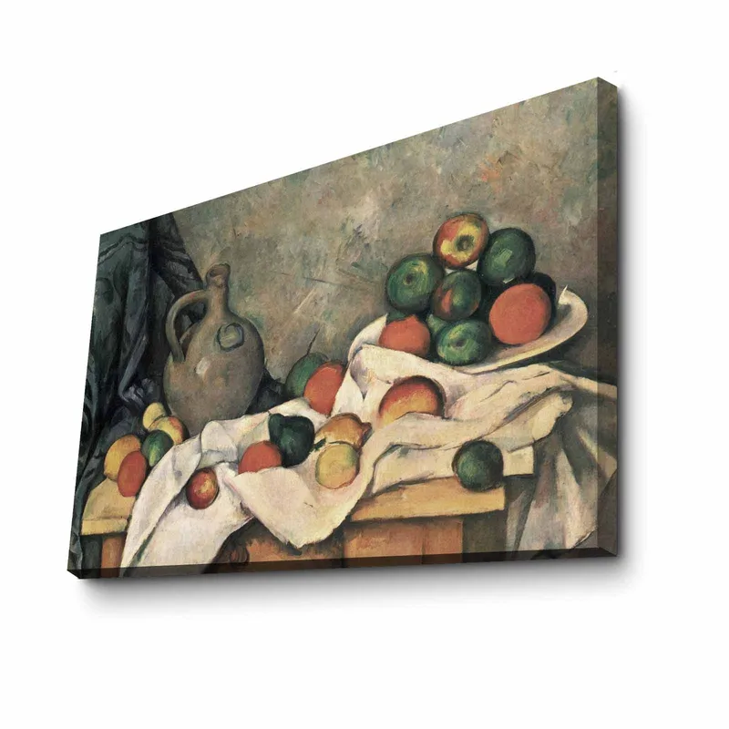 Canvastavla 70x100 cm - Stilleben med frukter och en keramikkanna på ett bord - Grön / Röd / Beige - Inredning - Tavlor & posters - Canvastavla