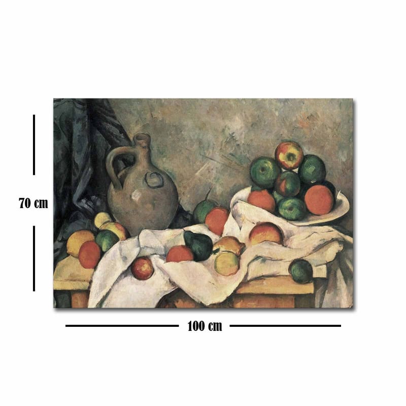 Canvastavla 70x100 cm - Stilleben med frukter och en keramikkanna på ett bord - Grön / Röd / Beige - Inredning - Tavlor & posters - Canvastavla