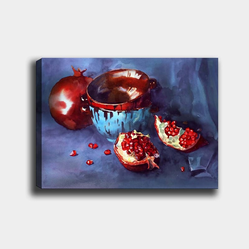 Canvastavla 70x100 cm - Stillhet med granatäpplen och en blå skål - Röd / Blå / Brun - Inredning - Tavlor & posters - Canvastavla