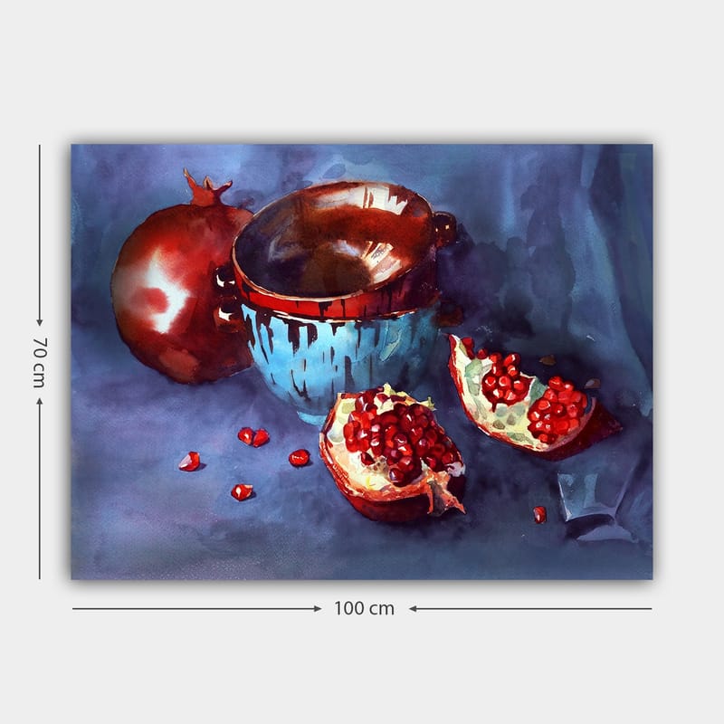Canvastavla 70x100 cm - Stillhet med granatäpplen och en blå skål - Röd / Blå / Brun - Inredning - Tavlor & posters - Canvastavla