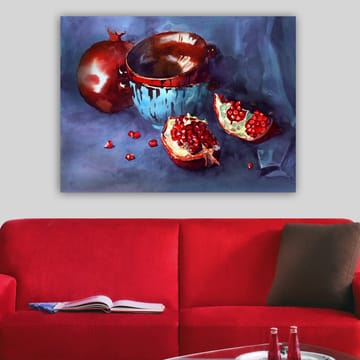 Canvastavla 70x100 cm - Stillhet med granatäpplen och en blå skål - Röd / Blå / Brun - Inredning - Tavlor & posters - Canvastavla