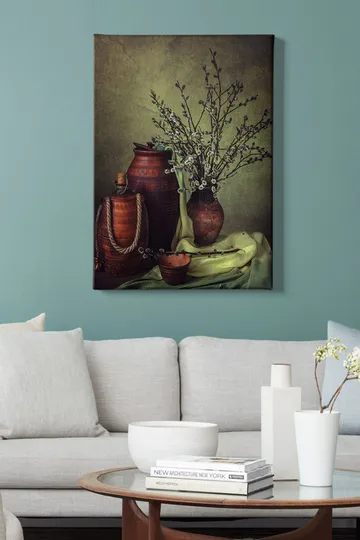 Canvastavla 70x100 cm - Stillhet med keramik och grenar i en harmonisk komposition - Mörkbrun / Ljusgrön / Olivgrön - Inredning - Tavlor & posters - Canvastavla