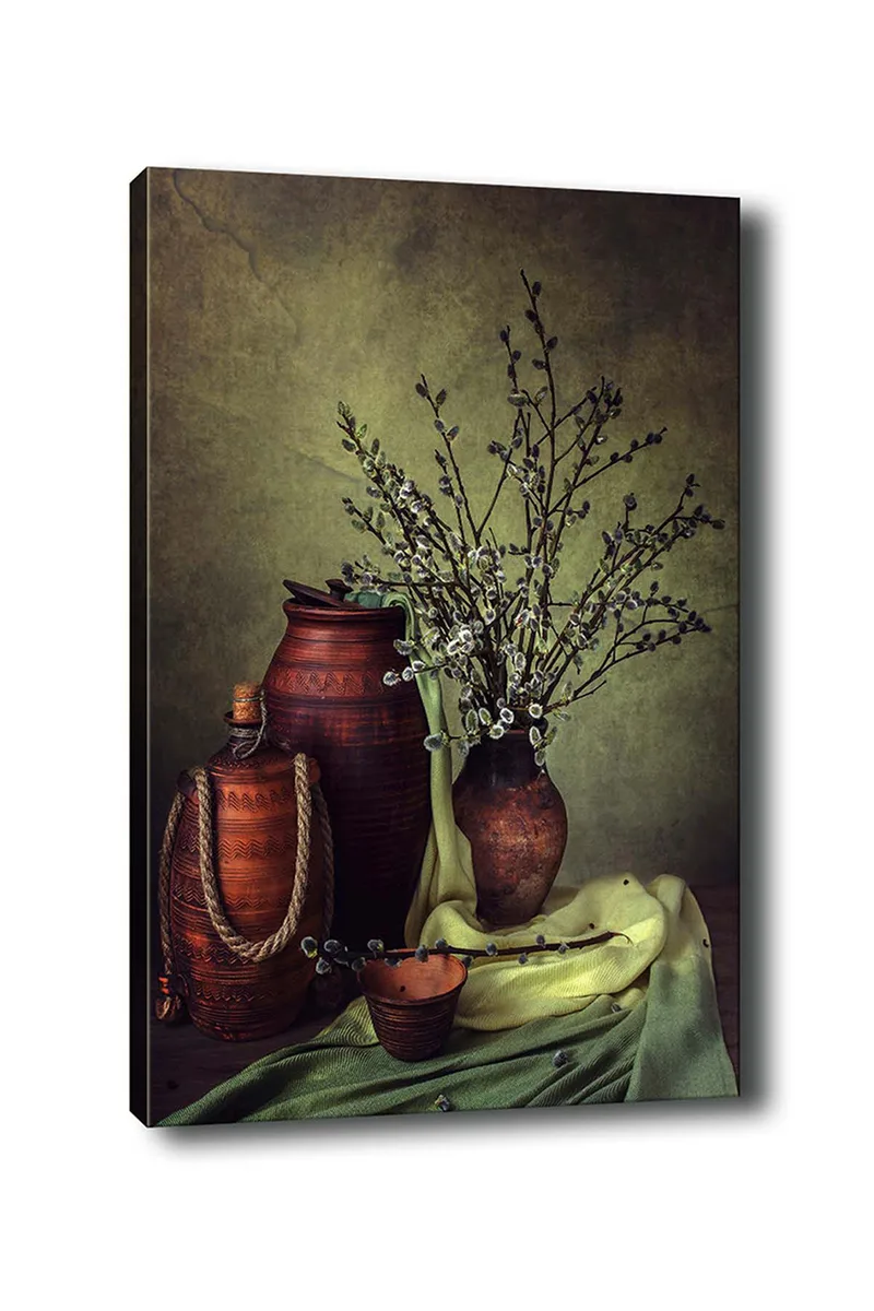 Canvastavla 70x100 cm - Stillhet med keramik och grenar i en harmonisk komposition - Mörkbrun / Ljusgrön / Olivgrön - Inredning - Tavlor & posters - Canvastavla