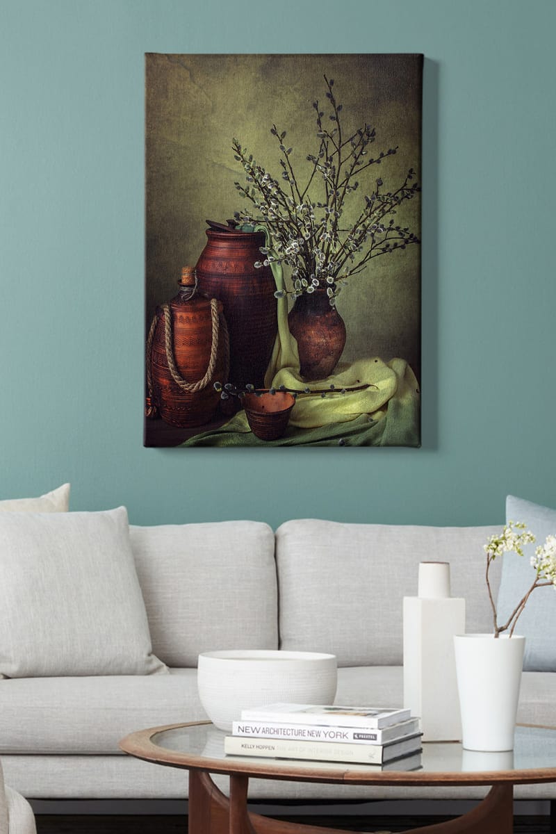 Canvastavla 70x100 cm - Stillhet med keramik och grenar i en harmonisk komposition - Mörkbrun / Ljusgrön / Olivgrön - Inredning - Tavlor & posters - Canvastavla
