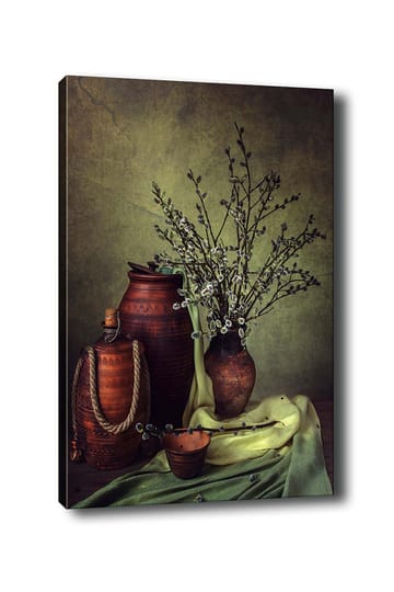 Canvastavla 70x100 cm - Stillhet med keramik och grenar i en harmonisk komposition - Mörkbrun / Ljusgrön / Olivgrön - Inredning - Tavlor & posters - Canvastavla
