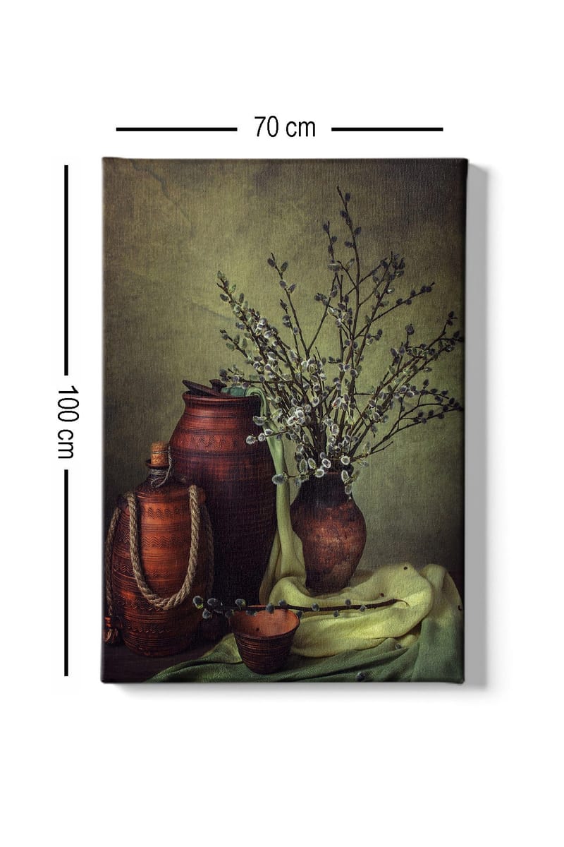 Canvastavla 70x100 cm - Stillhet med keramik och grenar i en harmonisk komposition - Mörkbrun / Ljusgrön / Olivgrön - Inredning - Tavlor & posters - Canvastavla