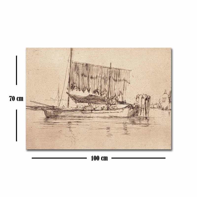 Canvastavla 70x100 cm - Stillsam hamnscen med segelbåtar och människor vid vattnet - Beige / Brun - Inredning - Tavlor & posters - Canvastavla