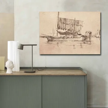 Canvastavla 70x100 cm - Stillsam hamnscen med segelbåtar och människor vid vattnet - Beige / Brun - Inredning - Tavlor & posters - Canvastavla