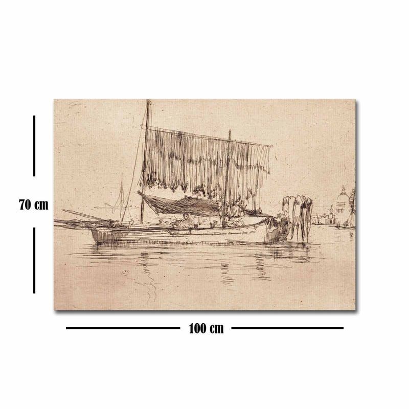 Canvastavla 70x100 cm - Stillsam hamnscen med segelbåtar och människor vid vattnet - Beige / Brun - Inredning - Tavlor & posters - Canvastavla