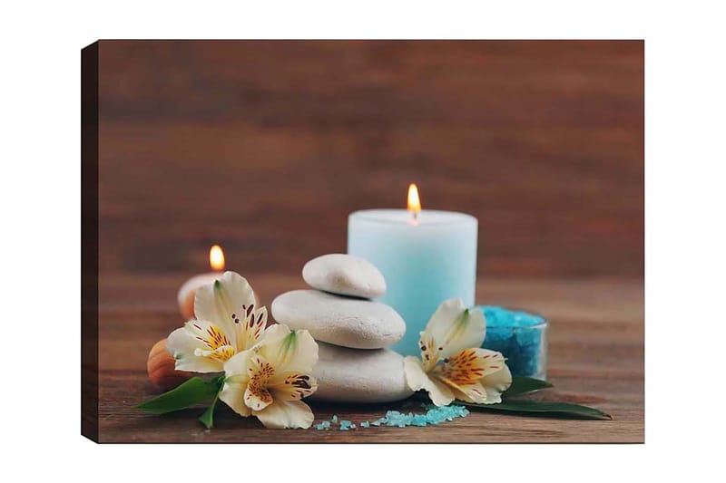 Canvastavla 70x100 cm - Stillsam komposition av stenar, blommor och ljus som skapar en avkopplande atmosfär, Ljusblå / Vit / Grön