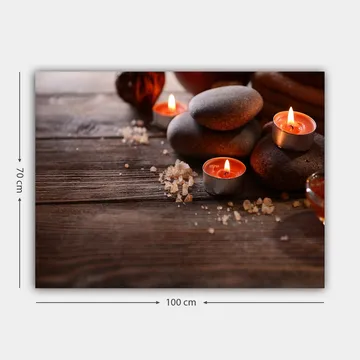 Canvastavla 70x100 cm - Stillsam komposition av stenar och tända ljus som skapar en avkopplande atmosfär - Grå / Orange / Brun - Inredning - Tavlor & posters - Canvastavla