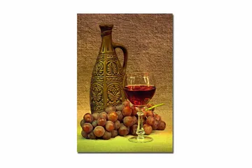 Canvastavla 70x100 cm - Stillsam komposition med en dekorativ kanna, ett glas vin och druvor - Brun / Vinröd / Grå - Inredning - Tavlor & posters - Canvastavla