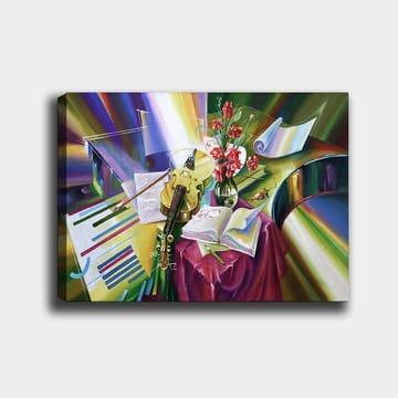 Canvastavla 70x100 cm - Stillsam komposition med en fiol, blommor och noter som framhäver musikens skönhet - Grön / Röd / Lila - Inredning - Tavlor & posters - Canvastavla