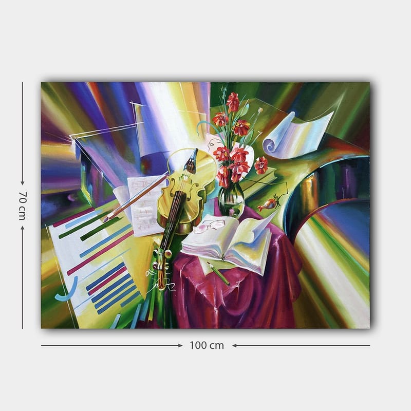 Canvastavla 70x100 cm - Stillsam komposition med en fiol, blommor och noter som framhäver musikens skönhet - Grön / Röd / Lila - Inredning - Tavlor & posters - Canvastavla
