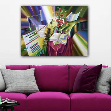 Canvastavla 70x100 cm - Stillsam komposition med en fiol, blommor och noter som framhäver musikens skönhet - Grön / Röd / Lila - Inredning - Tavlor & posters - Canvastavla