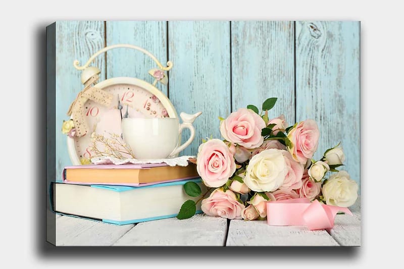 Canvastavla 70x100 cm - Stillsam och romantisk komposition med en kopp, en gammaldags klocka och en bukett rosor, Ljusrosa / Vit / Ljusblå