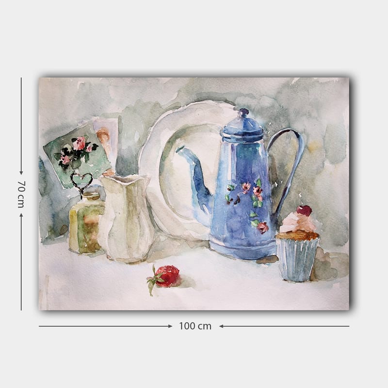 Canvastavla 70x100 cm - Stillsam stilleben med en blå kaffekanna, en jordgubbe och en cupcake - Blå / Vit / Röd - Inredning - Tavlor & posters - Canvastavla
