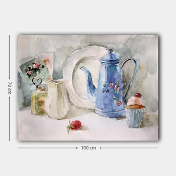 Canvastavla 70x100 cm - Stillsam stilleben med en blå kaffekanna, en jordgubbe och en cupcake - Blå / Vit / Röd - Inredning - Tavlor & posters - Canvastavla