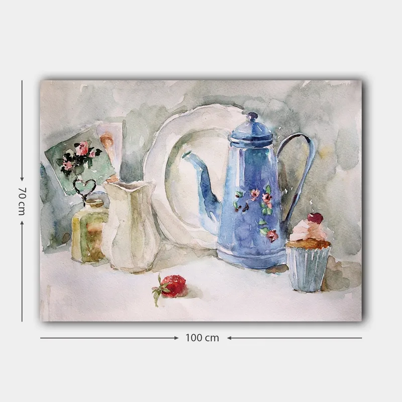 Canvastavla 70x100 cm - Stillsam stilleben med en blå kaffekanna, en jordgubbe och en cupcake - Blå / Vit / Röd - Inredning - Tavlor & posters - Canvastavla